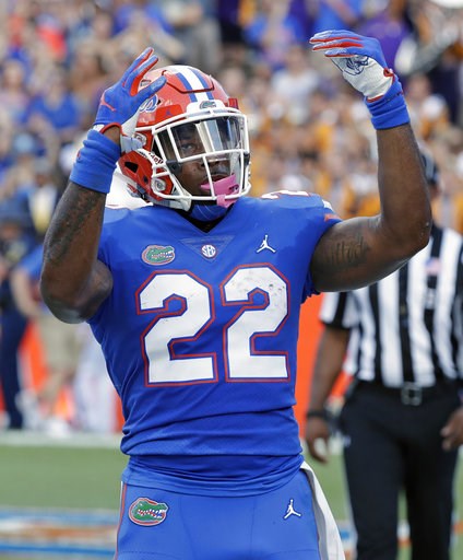 (AP Photo/John Raoux). Florida running back Lamical Perine waves his arms to fans after scoring a touchdown against LSU during the first half of an NCAA college football game, Saturday, Oct. 6, 2018, in Gainesville, Fla. (AP Photo/John Raoux). Florida running back Lamical Perine waves his arms to fans after scoring a touchdown against LSU during the first half of an NCAA college football game, Saturday, Oct. 6, 2018, in Gainesville, Fla.