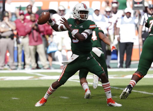 (AP Photo/Lynne Sladky). Miami quarterback N'Kosi Perry stands back to pass during the first half of an NCAA college football game against Florida State, Saturday, Oct. 6, 2018, in Miami Gardens, Fla. (AP Photo/Lynne Sladky). Miami quarterback N'Kosi Perry stands back to pass during the first half of an NCAA college football game against Florida State, Saturday, Oct. 6, 2018, in Miami Gardens, Fla.