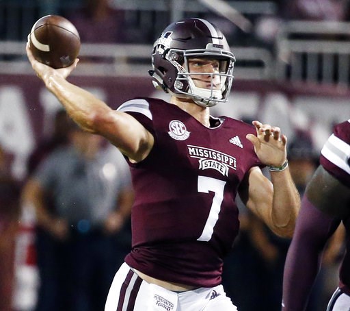 (AP Photo/Rogelio V. Solis). Mississippi State quarterback Nick Fitzgerald (7) passes against Auburn during the first half of their NCAA college football game in Starkville, Miss., Saturday, Oct. 6 2018. (AP Photo/Rogelio V. Solis). Mississippi State quarterback Nick Fitzgerald (7) passes against Auburn during the first half of their NCAA college football game in Starkville, Miss., Saturday, Oct. 6 2018.