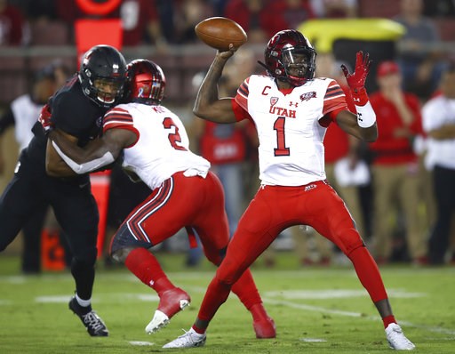 (AP Photo/Ben Margot). Utah quarterback Tyler Huntley (1) throws a pass against Stanford during the first half of an NCAA college football game Saturday, Oct. 6, 2018, in Stanford, Calif. (AP Photo/Ben Margot). Utah quarterback Tyler Huntley (1) throws a pass against Stanford during the first half of an NCAA college football game Saturday, Oct. 6, 2018, in Stanford, Calif.