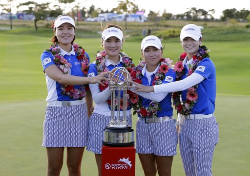 (AP Photo/Lee Jin-man). Winners on the South Korean team from left; In Gee Chun, So Yeon Ryu, In-Kyung Kim, and Sung Hyun Park pose with the trophy after winning the UL International Crown golf tournament at the Jack Nicklaus Golf Club Korea, in Incheo... (AP Photo/Lee Jin-man). Winners on the South Korean team from left; In Gee Chun, So Yeon Ryu, In-Kyung Kim, and Sung Hyun Park pose with the trophy after winning the UL International Crown golf tournament at the Jack Nicklaus Golf Club Korea, in Incheo...