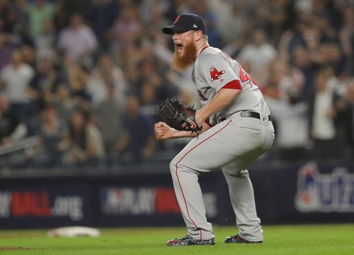 (AP Photo/Julie Jacobson). Boston Red Sox relief pitcher Craig Kimbrel reacts after the Red Sox beat the New York Yankees 4-3 in Game 4 of baseball's American League Division Series, Tuesday, Oct. 9, 2018, in New York. (AP Photo/Julie Jacobson). Boston Red Sox relief pitcher Craig Kimbrel reacts after the Red Sox beat the New York Yankees 4-3 in Game 4 of baseball's American League Division Series, Tuesday, Oct. 9, 2018, in New York.