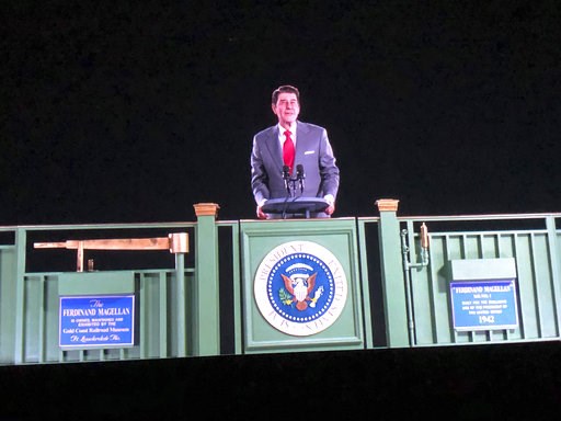 (AP Photo/Amanda Lee Myers). Former President Ronald Reagan appears on a railcar platform making a speech during a whistle stop on the campaign trail, but as a hologram, on display at the Ronald Reagan Presidential Library in Simi Valley, Calif., Wedne... (AP Photo/Amanda Lee Myers). Former President Ronald Reagan appears on a railcar platform making a speech during a whistle stop on the campaign trail, but as a hologram, on display at the Ronald Reagan Presidential Library in Simi Valley, Calif., Wedne...