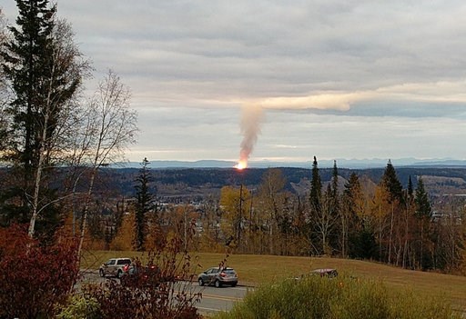 (Dhruv Desai via AP). This Tuesday, Oct. 9, 2018, photo provided by Dhruv Desai shows an explosion near the community of Shelley, British Columbia. The massive pipeline explosion risks cutting off the flow of Canadian natural gas to Washington State, a... (Dhruv Desai via AP). This Tuesday, Oct. 9, 2018, photo provided by Dhruv Desai shows an explosion near the community of Shelley, British Columbia. The massive pipeline explosion risks cutting off the flow of Canadian natural gas to Washington State, a...