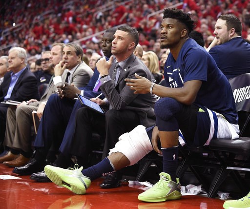 (AP Photo/Eric Christian Smith, File). FILE - In this April 25, 2018, file photo, Minnesota Timberwolves guard Jimmy Butler, right, watches from the bench during the second half in Game 5 of the team's first-round NBA basketball playoff series against ... (AP Photo/Eric Christian Smith, File). FILE - In this April 25, 2018, file photo, Minnesota Timberwolves guard Jimmy Butler, right, watches from the bench during the second half in Game 5 of the team's first-round NBA basketball playoff series against ...