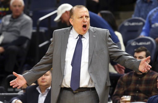 (AP Photo/Jim Mone, File). FILE - In this Oct. 5, 2018, file photo, Minnesota Timberwolves head coach Tom Thibodeau dispute a call in the second half of an NBA preseason basketball game against the Oklahoma City Thunder, in Minneapolis. With Jimmy Butl... (AP Photo/Jim Mone, File). FILE - In this Oct. 5, 2018, file photo, Minnesota Timberwolves head coach Tom Thibodeau dispute a call in the second half of an NBA preseason basketball game against the Oklahoma City Thunder, in Minneapolis. With Jimmy Butl...