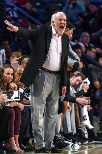 (AP Photo/Danny Karnik). San Antonio Spurs coach Gregg Popovich stands on the sideline during the first half of a preseason NBA basketball game against the Atlanta Hawks in Atlanta, Wednesday, Oct. 10, 2018. (AP Photo/Danny Karnik). San Antonio Spurs coach Gregg Popovich stands on the sideline during the first half of a preseason NBA basketball game against the Atlanta Hawks in Atlanta, Wednesday, Oct. 10, 2018.