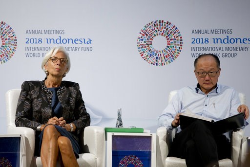 (AP Photo/Firdia Lisnawati). Managing Director of International Monetary Fund (IMF) Christine Lagarde, left, and World Bank President Jim Yong Kim attend a trade conference in Bali, Indonesia Wednesday, Oct. 10, 2018. (AP Photo/Firdia Lisnawati). Managing Director of International Monetary Fund (IMF) Christine Lagarde, left, and World Bank President Jim Yong Kim attend a trade conference in Bali, Indonesia Wednesday, Oct. 10, 2018.