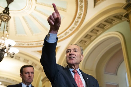 (AP Photo/Alex Brandon). Senate Minority Leader Chuck Schumer of N.Y., points to a reporter as he speaks to media after the Democratic policy luncheon on Capitol Hill, Wednesday, Oct. 10, 2018, in Washington. Senate Democrats briefly turned the chamber... (AP Photo/Alex Brandon). Senate Minority Leader Chuck Schumer of N.Y., points to a reporter as he speaks to media after the Democratic policy luncheon on Capitol Hill, Wednesday, Oct. 10, 2018, in Washington. Senate Democrats briefly turned the chamber...