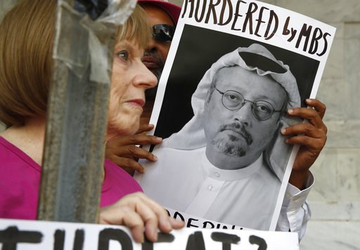 (AP Photo/Jacquelyn Martin). People hold signs during a protest at the Embassy of Saudi Arabia about the disappearance of Saudi journalist Jamal Khashoggi, Wednesday, Oct. 10, 2018, in Washington. (AP Photo/Jacquelyn Martin). People hold signs during a protest at the Embassy of Saudi Arabia about the disappearance of Saudi journalist Jamal Khashoggi, Wednesday, Oct. 10, 2018, in Washington.