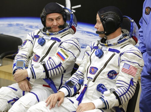 (AP Photo/Dmitri Lovetsky). U.S. astronaut Nick Hague, right and Russian cosmonaut Alexey Ovchinin, member of the main crew of the expedition to the International Space Station (ISS), speak prior to the launch of Soyuz MS-10 space ship at the Russian l... (AP Photo/Dmitri Lovetsky). U.S. astronaut Nick Hague, right and Russian cosmonaut Alexey Ovchinin, member of the main crew of the expedition to the International Space Station (ISS), speak prior to the launch of Soyuz MS-10 space ship at the Russian l...