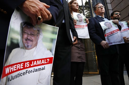 (AP Photo/Jacquelyn Martin). Alyssa Edling, center, and Thomas Malia, second from right, both with PEN America, join others as they hold signs of missing journalist Jamal Khashoggi, during a news conference about his disappearance in Saudi Arabia, Wedn... (AP Photo/Jacquelyn Martin). Alyssa Edling, center, and Thomas Malia, second from right, both with PEN America, join others as they hold signs of missing journalist Jamal Khashoggi, during a news conference about his disappearance in Saudi Arabia, Wedn...