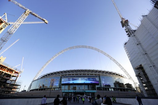 (AP Photo/Kirsty Wigglesworth). A view of the exterior of Wembley Stadium in London, Wednesday, Oct. 3, 2018. Britain is looking to host up to 60 major sporting events over the next 15 years, including soccer’s World Cup, to assert global influence and... (AP Photo/Kirsty Wigglesworth). A view of the exterior of Wembley Stadium in London, Wednesday, Oct. 3, 2018. Britain is looking to host up to 60 major sporting events over the next 15 years, including soccer’s World Cup, to assert global influence and...