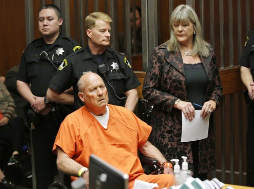 (AP Photo/Rich Pedroncelli). FILE - In this Friday, April 27, 2018 file photo, Joseph James DeAngelo, 72, who authorities suspect is the "Golden State Killer" responsible for at least a dozen murders and 50 rapes in the 1970s and 80s, is accompanied by... (AP Photo/Rich Pedroncelli). FILE - In this Friday, April 27, 2018 file photo, Joseph James DeAngelo, 72, who authorities suspect is the "Golden State Killer" responsible for at least a dozen murders and 50 rapes in the 1970s and 80s, is accompanied by...