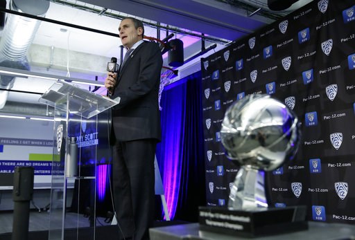 (AP Photo/Eric Risberg). Pac-12 Commissioner Larry Scott speaks during the Pac-12 NCAA college basketball media day Thursday, Oct. 11, 2018, in San Francisco. (AP Photo/Eric Risberg). Pac-12 Commissioner Larry Scott speaks during the Pac-12 NCAA college basketball media day Thursday, Oct. 11, 2018, in San Francisco.