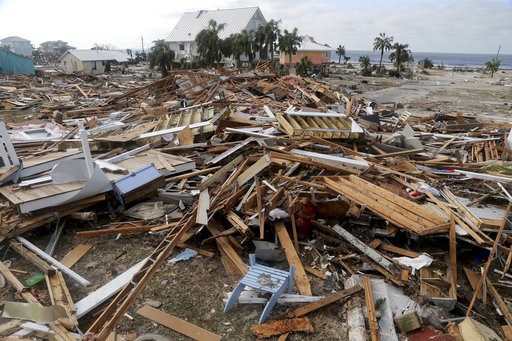 (Douglas R. Clifford/Tampa Bay Times via AP). The coastal township of Mexico Beach, Fla., lays devastated on Thursday, Oct. 11, 2018, after Hurricane Michael made landfall on Wednesday in the Florida Panhandle. (Douglas R. Clifford/Tampa Bay Times via AP). The coastal township of Mexico Beach, Fla., lays devastated on Thursday, Oct. 11, 2018, after Hurricane Michael made landfall on Wednesday in the Florida Panhandle.