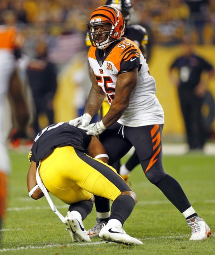 (AP Photo/Keith Srakocic, File). FILE - In this Oct. 22, 2017, file photo, Cincinnati Bengals outside linebacker Vontaze Burfict (55) shoves Pittsburgh Steelers tight end Xavier Grimble (85) to the ground as he attempts to get up after catching a pass ... (AP Photo/Keith Srakocic, File). FILE - In this Oct. 22, 2017, file photo, Cincinnati Bengals outside linebacker Vontaze Burfict (55) shoves Pittsburgh Steelers tight end Xavier Grimble (85) to the ground as he attempts to get up after catching a pass ...
