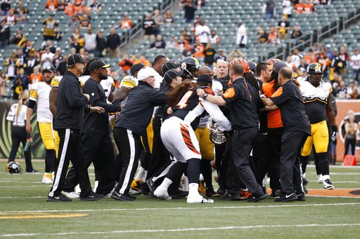 (AP Photo/Frank Victores, File). FILE - In this Dec. 13, 2015, file photo, a scrum breaks out on the field between the Cincinnati Bengals and the Pittsburgh Steelers players during practice before an NFL football game, in Cincinnati. The Bengals had tw... (AP Photo/Frank Victores, File). FILE - In this Dec. 13, 2015, file photo, a scrum breaks out on the field between the Cincinnati Bengals and the Pittsburgh Steelers players during practice before an NFL football game, in Cincinnati. The Bengals had tw...