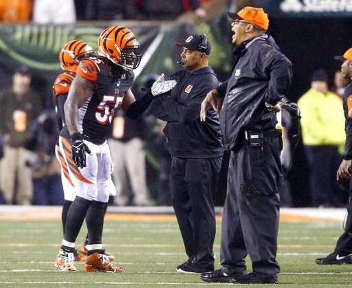 (AP Photo/Frank Victores, File). FILE - In this Jan. 10, 2016, file photo, Cincinnati Bengals head coach Marvin Lewis, center, talks with outside linebacker Vontaze Burfict (55) after a penalty during the second half of an NFL wild-card playoff footbal... (AP Photo/Frank Victores, File). FILE - In this Jan. 10, 2016, file photo, Cincinnati Bengals head coach Marvin Lewis, center, talks with outside linebacker Vontaze Burfict (55) after a penalty during the second half of an NFL wild-card playoff footbal...