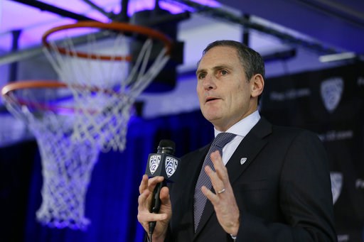 (AP Photo/Eric Risberg). Pac-12 Commissioner Larry Scott speaks during the Pac-12 NCAA college basketball media day Thursday, Oct. 11, 2018, in San Francisco. (AP Photo/Eric Risberg). Pac-12 Commissioner Larry Scott speaks during the Pac-12 NCAA college basketball media day Thursday, Oct. 11, 2018, in San Francisco.