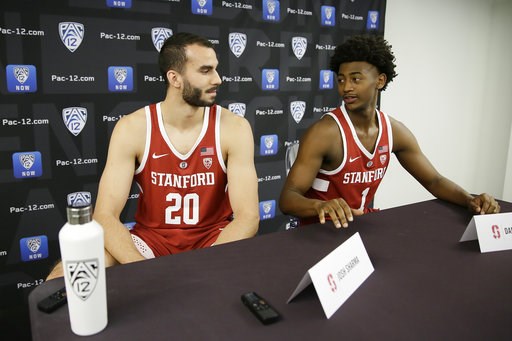 (AP Photo/Eric Risberg). Stanford's Josh Sharma, left, and Daejon Davis, right, talk with each other during the Pac-12 NCAA college basketball media day Thursday, Oct. 11, 2018, in San Francisco. (AP Photo/Eric Risberg). Stanford's Josh Sharma, left, and Daejon Davis, right, talk with each other during the Pac-12 NCAA college basketball media day Thursday, Oct. 11, 2018, in San Francisco.