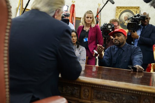 (AP Photo/Evan Vucci, File). FILE - Oct. 11, 2018 file photo, Rapper Kanye West speaks during a meeting in the Oval Office of the White House with President Donald Trump, in Washington. It’s one of President Donald Trump’s favorite talking points in to... (AP Photo/Evan Vucci, File). FILE - Oct. 11, 2018 file photo, Rapper Kanye West speaks during a meeting in the Oval Office of the White House with President Donald Trump, in Washington. It’s one of President Donald Trump’s favorite talking points in to...