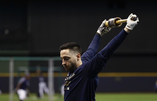 (AP Photo/Matt Slocum). Milwaukee Brewers' Ryan Braun warms up for practice for Game 1 of the National League Championship Series baseball game Los Angeles Dodgers Thursday, Oct. 11, 2018, in Milwaukee. (AP Photo/Matt Slocum). Milwaukee Brewers' Ryan Braun warms up for practice for Game 1 of the National League Championship Series baseball game Los Angeles Dodgers Thursday, Oct. 11, 2018, in Milwaukee.