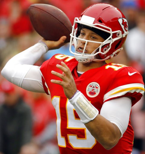 (AP Photo/Charlie Riedel, File). FILE - In this Oct. 7, 2018, file photo, Kansas City Chiefs quarterback Patrick Mahomes (15) throws a pass during the first half of an NFL football game against the Jacksonville Jaguars, in Kansas City, Mo. New England ... (AP Photo/Charlie Riedel, File). FILE - In this Oct. 7, 2018, file photo, Kansas City Chiefs quarterback Patrick Mahomes (15) throws a pass during the first half of an NFL football game against the Jacksonville Jaguars, in Kansas City, Mo. New England ...