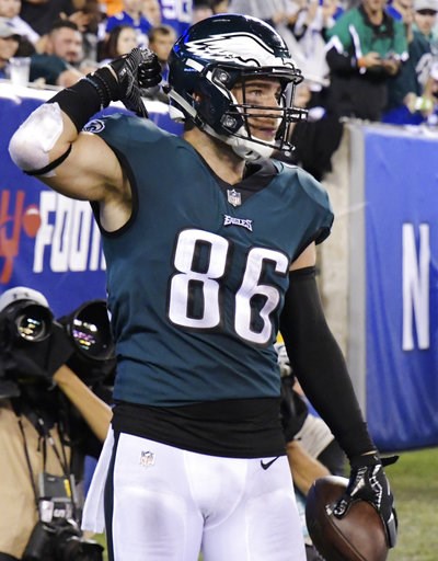 (AP Photo/Bill Kostroun). Philadelphia Eagles' Zach Ertz celebrates after catching a pass for a touchdown during the first half of the team's NFL football game against the New York Giants on Thursday, Oct. 11, 2018, in East Rutherford, N.J. (AP Photo/Bill Kostroun). Philadelphia Eagles' Zach Ertz celebrates after catching a pass for a touchdown during the first half of the team's NFL football game against the New York Giants on Thursday, Oct. 11, 2018, in East Rutherford, N.J.