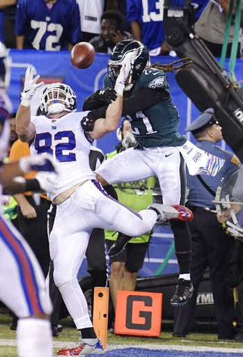 (AP Photo/Bill Kostroun). Philadelphia Eagles cornerback Ronald Darby (21) defends against New York Giants tight end Scott Simonson (82) during the first half of an NFL football game Thursday, Oct. 11, 2018, in East Rutherford, N.J. (AP Photo/Bill Kostroun). Philadelphia Eagles cornerback Ronald Darby (21) defends against New York Giants tight end Scott Simonson (82) during the first half of an NFL football game Thursday, Oct. 11, 2018, in East Rutherford, N.J.