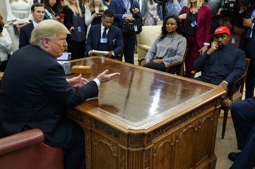 (AP Photo/Evan Vucci). President Donald Trump meets with rapper Kanye West in the Oval Office of the White House, Thursday, Oct. 11, 2018, in Washington. At left is White House Senior Adviser Jared Kushner. (AP Photo/Evan Vucci). President Donald Trump meets with rapper Kanye West in the Oval Office of the White House, Thursday, Oct. 11, 2018, in Washington. At left is White House Senior Adviser Jared Kushner.