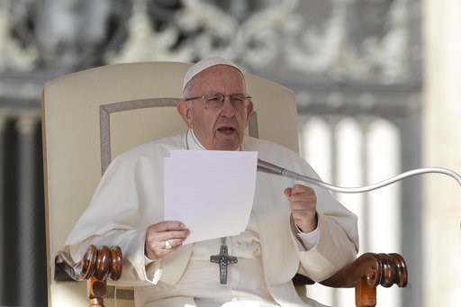 (AP Photo/Gregorio Borgia). Pope Francis delivers his message on the occasion of his weekly general audience in St.Peter's Square, at the Vatican, Wednesday, Oct. 10, 2018. (AP Photo/Gregorio Borgia). Pope Francis delivers his message on the occasion of his weekly general audience in St.Peter's Square, at the Vatican, Wednesday, Oct. 10, 2018.