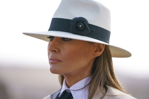 (AP Photo/Carolyn Kaster). In this Oct. 6, 2018 photo, First lady Melania Trump pauses as she speaks to media during a visit to the historical Giza Pyramids site near Cairo, Egypt. First lady Melania Trump says she thinks she’s among the most bullied p... (AP Photo/Carolyn Kaster). In this Oct. 6, 2018 photo, First lady Melania Trump pauses as she speaks to media during a visit to the historical Giza Pyramids site near Cairo, Egypt. First lady Melania Trump says she thinks she’s among the most bullied p...