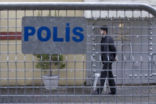 (AP Photo/Petros Giannakouris). A security personnel walks past the entrance of Saudi Arabia's consulate in Istanbul, Saturday, Oct. 13, 2018. Turkish officials have an audio recording of the alleged killing of journalist Jamal Khashoggi from the Apple... (AP Photo/Petros Giannakouris). A security personnel walks past the entrance of Saudi Arabia's consulate in Istanbul, Saturday, Oct. 13, 2018. Turkish officials have an audio recording of the alleged killing of journalist Jamal Khashoggi from the Apple...
