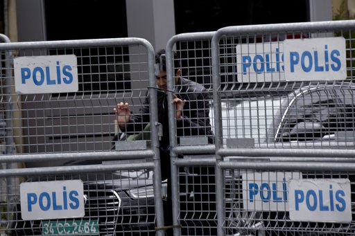 (AP Photo/Petros Giannakouris). A security personnel places metal barriers at the entrance of Saudi Arabia's consulate in Istanbul, Saturday, Oct. 13, 2018. Turkish officials have an audio recording of the alleged killing of journalist Jamal Khashoggi ... (AP Photo/Petros Giannakouris). A security personnel places metal barriers at the entrance of Saudi Arabia's consulate in Istanbul, Saturday, Oct. 13, 2018. Turkish officials have an audio recording of the alleged killing of journalist Jamal Khashoggi ...