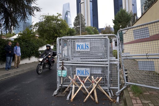 (AP Photo/Petros Giannakouris). Bystanders look at the Saudi Arabia's consulate in Istanbul, Saturday, Oct. 13, 2018. Turkish officials have an audio recording of the alleged killing of journalist Jamal Khashoggi from the Apple Watch he wore when he wa... (AP Photo/Petros Giannakouris). Bystanders look at the Saudi Arabia's consulate in Istanbul, Saturday, Oct. 13, 2018. Turkish officials have an audio recording of the alleged killing of journalist Jamal Khashoggi from the Apple Watch he wore when he wa...