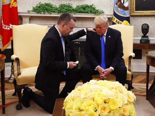 (AP Photo/Jacquelyn Martin). President Donald Trump prays with American pastor Andrew Brunson in the Oval Office of the White House, Saturday, Oct. 13, 2018, in Washington. Brunson returned to the U.S. around midday after he was freed Friday, from near... (AP Photo/Jacquelyn Martin). President Donald Trump prays with American pastor Andrew Brunson in the Oval Office of the White House, Saturday, Oct. 13, 2018, in Washington. Brunson returned to the U.S. around midday after he was freed Friday, from near...