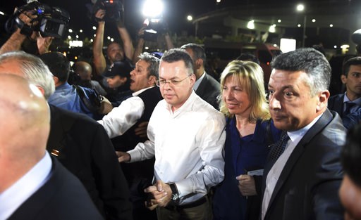 (AP Photo/Emre Tazegul). Pastor Andrew Brunson, center left, and his wife Norine Brunson arrive at Adnan Menderes airport for a flight to Germany after his release following his trial in Izmir, Turkey, Friday, Oct. 12, 2018, A Turkish court on Friday c... (AP Photo/Emre Tazegul). Pastor Andrew Brunson, center left, and his wife Norine Brunson arrive at Adnan Menderes airport for a flight to Germany after his release following his trial in Izmir, Turkey, Friday, Oct. 12, 2018, A Turkish court on Friday c...