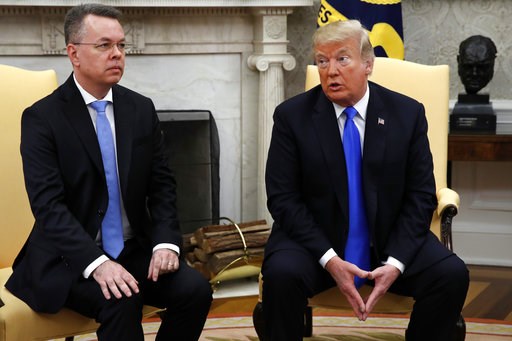 (AP Photo/Jacquelyn Martin). President Donald Trump meets with American pastor Andrew Brunson, left, in the Oval Office of the White House, Saturday Oct. 13, 2018, in Washington. Brunson returned to the U.S. around midday after he was freed Friday, fr... (AP Photo/Jacquelyn Martin). President Donald Trump meets with American pastor Andrew Brunson, left, in the Oval Office of the White House, Saturday Oct. 13, 2018, in Washington. Brunson returned to the U.S. around midday after he was freed Friday, fr...