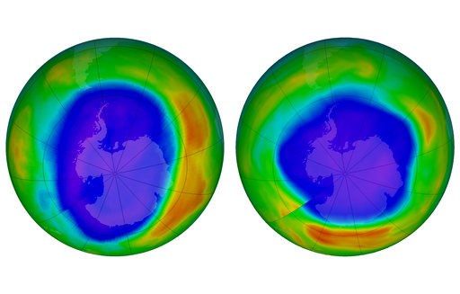 (NASA via AP). This combination of images made available by NASA shows areas of low ozone above Antarctica on September 2000, left, and September 2018. The purple and blue colors are where there is the least ozone, and the yellows and reds are where th...