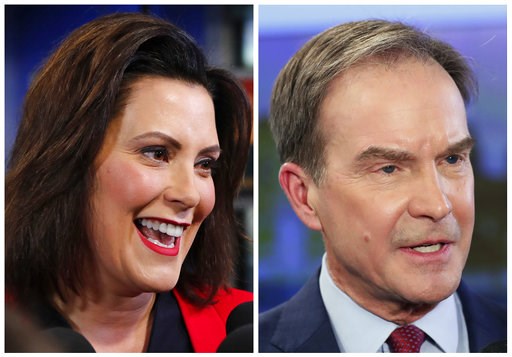 (AP Photo/Carlos Osorio, File). FILE - This combination of Oct. 24, 2018, file photos shows Michigan gubernatorial candidates in the November 2018 election from left, Democrat Gretchen Whitmer and Republican Attorney General Bill Schuette. (AP Photo/Carlos Osorio, File). FILE - This combination of Oct. 24, 2018, file photos shows Michigan gubernatorial candidates in the November 2018 election from left, Democrat Gretchen Whitmer and Republican Attorney General Bill Schuette.