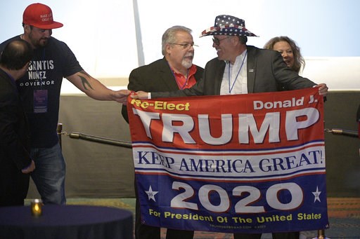 (AP Photo/Phelan M. Ebenhack). Supporters hold a sign for President Donald Trump during an election party for Florida Republican gubernatorial candidate Ron DeSantis, Tuesday, Nov. 6, 2018, in Orlando, Fla. (AP Photo/Phelan M. Ebenhack). Supporters hold a sign for President Donald Trump during an election party for Florida Republican gubernatorial candidate Ron DeSantis, Tuesday, Nov. 6, 2018, in Orlando, Fla.