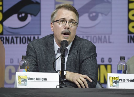 (Photo by Richard Shotwell/Invision/AP, File). FILE - In this July 19, 2018 file photo, "Breaking Bad" creator Vince Gilligan speaks at the "Better Call Saul" panel at Comic-Con International in San Diego. "Breaking Bad" star Bryan Cranston has confirm...