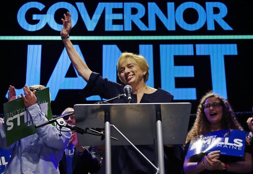 (AP Photo/Elise Amendola). Maine gubernatorial candidate, Democrat Janet Mills celebrates her victory at her election night party, Tuesday, Nov. 6, 2018, in Portland, Maine. (AP Photo/Elise Amendola). Maine gubernatorial candidate, Democrat Janet Mills celebrates her victory at her election night party, Tuesday, Nov. 6, 2018, in Portland, Maine.