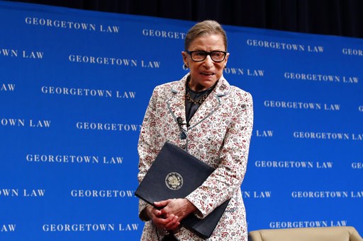 (AP Photo/Jacquelyn Martin, File). FILE - In this Sept. 26, 2018, file photo, Supreme Court Justice Ruth Bader Ginsburg leaves the stage after speaking to first-year students at Georgetown Law in Washington. Ginsburg has been hospitalized after fractur... (AP Photo/Jacquelyn Martin, File). FILE - In this Sept. 26, 2018, file photo, Supreme Court Justice Ruth Bader Ginsburg leaves the stage after speaking to first-year students at Georgetown Law in Washington. Ginsburg has been hospitalized after fractur...