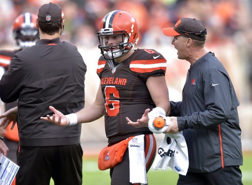 (AP Photo/David Richard, File). FILE - In this Sunday, Nov. 4, 2018, file photo, Cleveland Browns quarterback Baker Mayfield (6) reacts during an NFL football game against the Kansas City Chiefs in Cleveland. The Browns have dropped four in a row going...