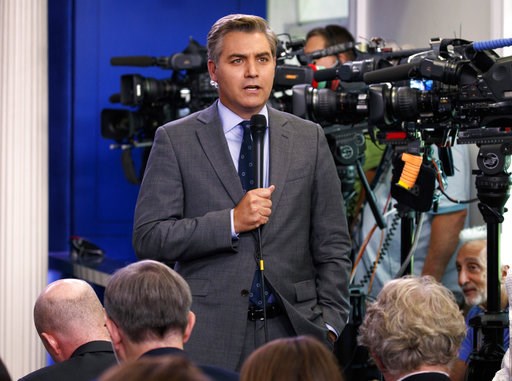 (AP Photo/Evan Vucci, File). FILE - In this Aug. 2, 2018 file photo, CNN correspondent Jim Acosta does a stand up before the daily press briefing at the White House in Washington. The White House on Wednesday suspended the press pass of CNN corresponde... (AP Photo/Evan Vucci, File). FILE - In this Aug. 2, 2018 file photo, CNN correspondent Jim Acosta does a stand up before the daily press briefing at the White House in Washington. The White House on Wednesday suspended the press pass of CNN corresponde...