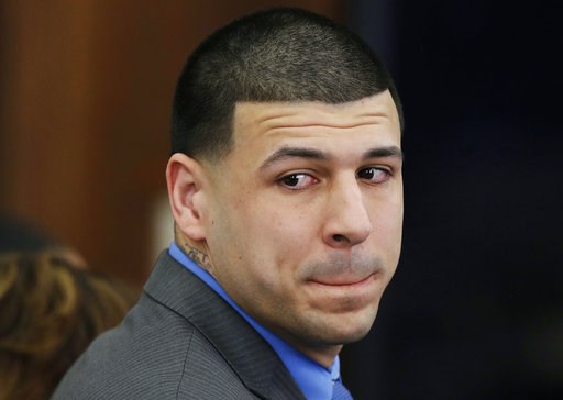 (AP Photo/Stephan Savoia, Pool, File). FILE - In this Friday, April 14, 2017, file photo, former New England Patriots tight end Aaron Hernandez turns to look in the direction of the jury as he reacts to his double murder acquittal in the 2012 deaths of... (AP Photo/Stephan Savoia, Pool, File). FILE - In this Friday, April 14, 2017, file photo, former New England Patriots tight end Aaron Hernandez turns to look in the direction of the jury as he reacts to his double murder acquittal in the 2012 deaths of...