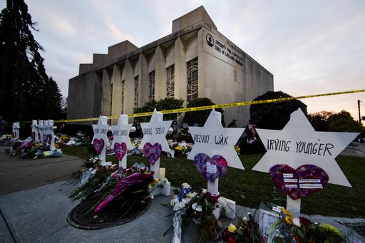 (AP Photo/Matt Rourke, File). FILE - In this Oct. 29, 2018, file photo, a makeshift memorial stands outside the Tree of Life synagogue in the aftermath of a deadly shooting at the in Pittsburgh. A moment of silence to honor the 11 people killed in the ... (AP Photo/Matt Rourke, File). FILE - In this Oct. 29, 2018, file photo, a makeshift memorial stands outside the Tree of Life synagogue in the aftermath of a deadly shooting at the in Pittsburgh. A moment of silence to honor the 11 people killed in the ...