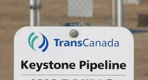 (Jeff McIntosh/The Canadian Press via AP, File). FILE- This Nov. 6, 2015, file photo shows a sign for TransCanada's Keystone pipeline facilities in Hardisty, Alberta, A federal judge in Montana has blocked construction of the $8 billion Keystone XL Pi... (Jeff McIntosh/The Canadian Press via AP, File). FILE- This Nov. 6, 2015, file photo shows a sign for TransCanada's Keystone pipeline facilities in Hardisty, Alberta, A federal judge in Montana has blocked construction of the $8 billion Keystone XL Pi...